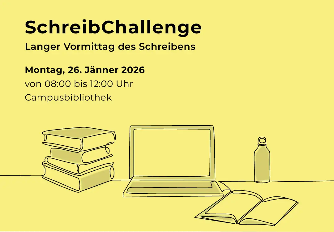 Gelbes Sujet mit Text: SchreibChallenge am Montag, 26. Jänner 2026