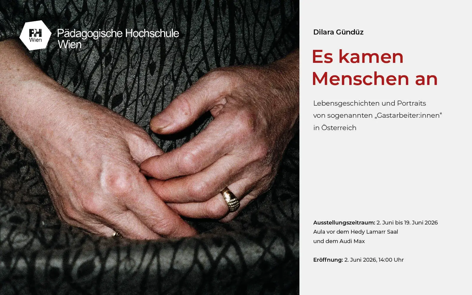 Headerbild zur Ausstellung von Dilara Gündüz "Es kamen Menschen an"; Abbildung von zwei gealterten Händen